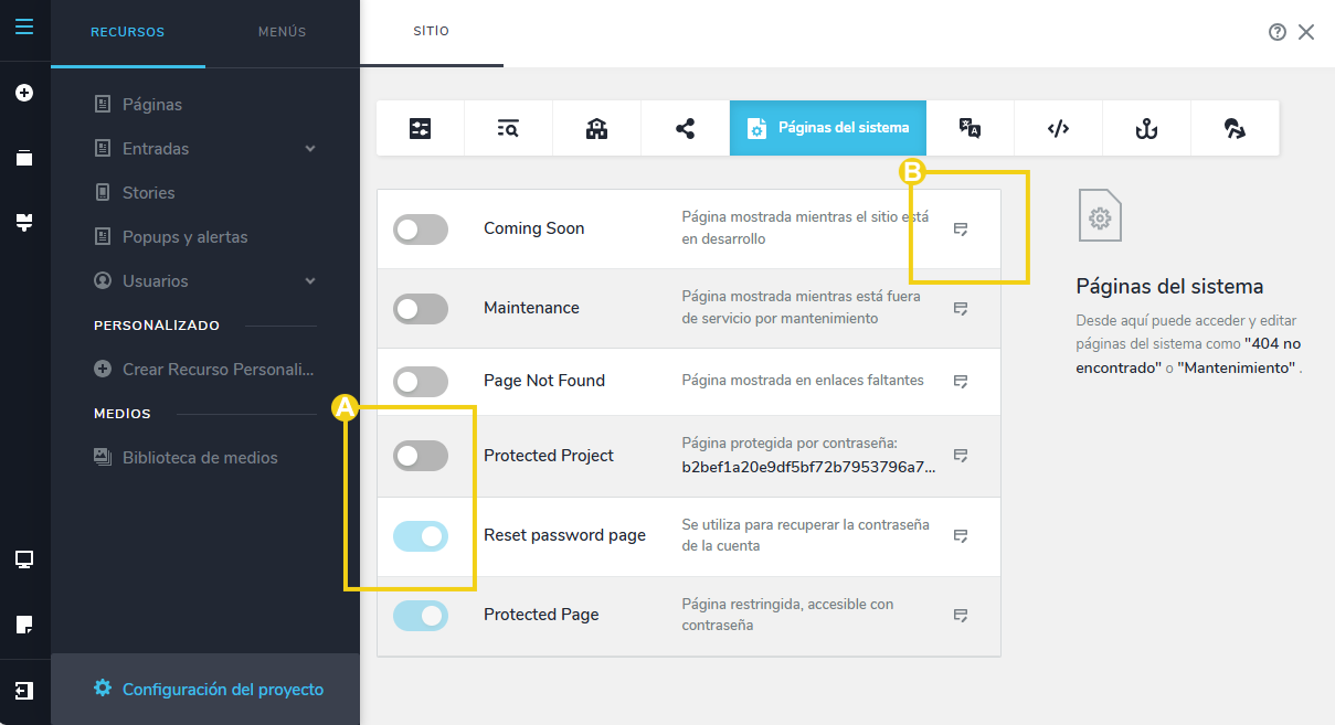 Imagen muestra la pantalla del editor del Creador de sitios con la marcación en los botones que representan la página activada y desactivada y la marcación en el ícono de lápiz para editar