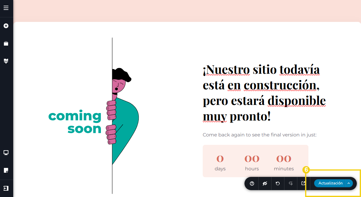 Imagen muestra la pantalla del editor del Creador de sitios con la marcación en el botón "Actualizar" para guardar los cambios realizados