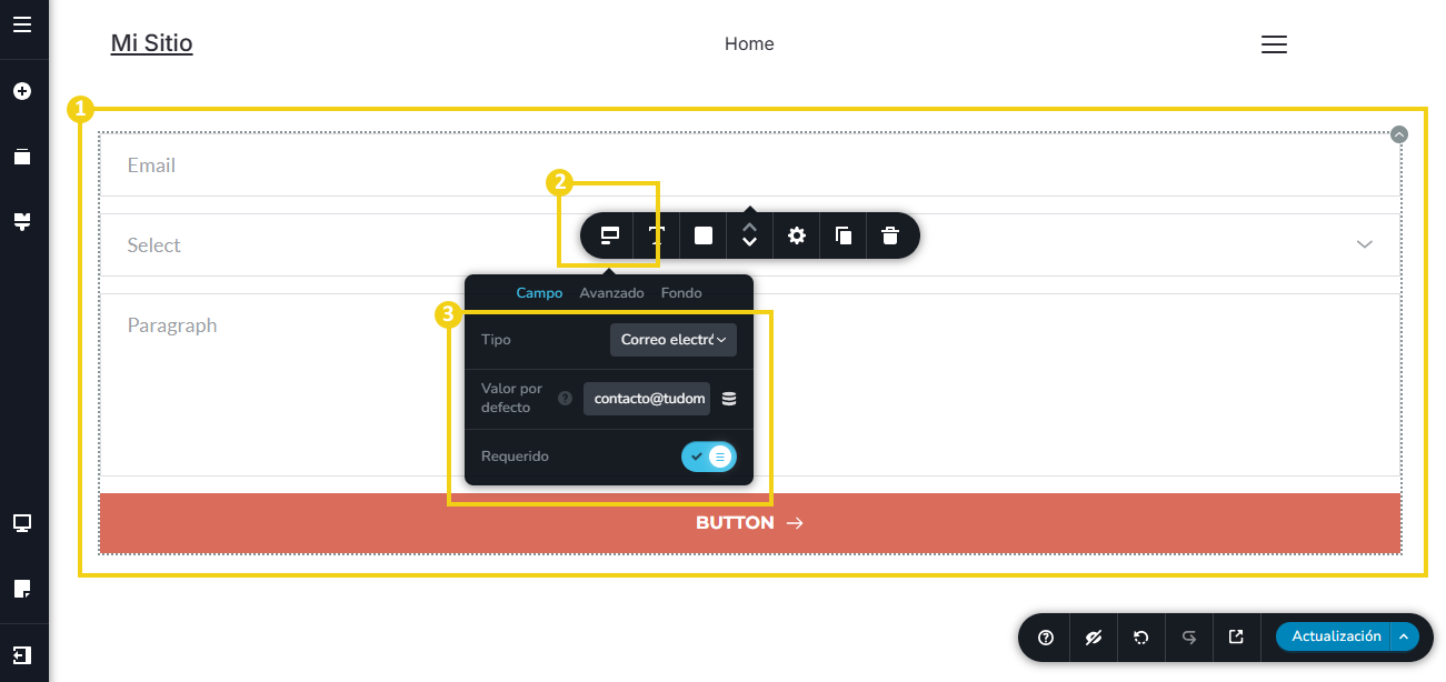 Imagen muestra la pantalla del editor del Creador de Sitios, con marcación en el formulario, que al hacer clic abre la barra de herramientas, que para personalizar debe ser clicado en el primer ícono, llamado "Campo"