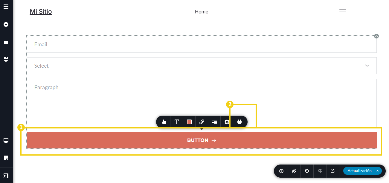 Imagen muestra la pantalla del editor del Creador de Sitios, con marcación en el ícono de integración