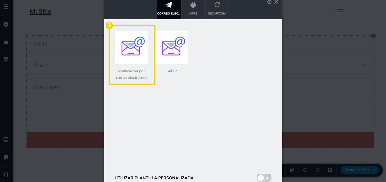 Imagen muestra la pantalla del editor del Creador de Sitios, con marcación en la opción "Notificación por correo electrónico"