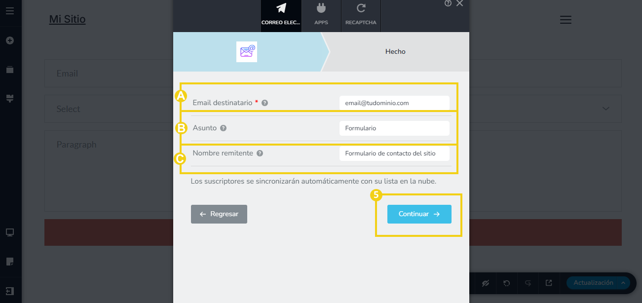 Imagen muestra la pantalla del editor del Creador de Sitios, con marcación en los campos para configurar la integración del correo electrónico