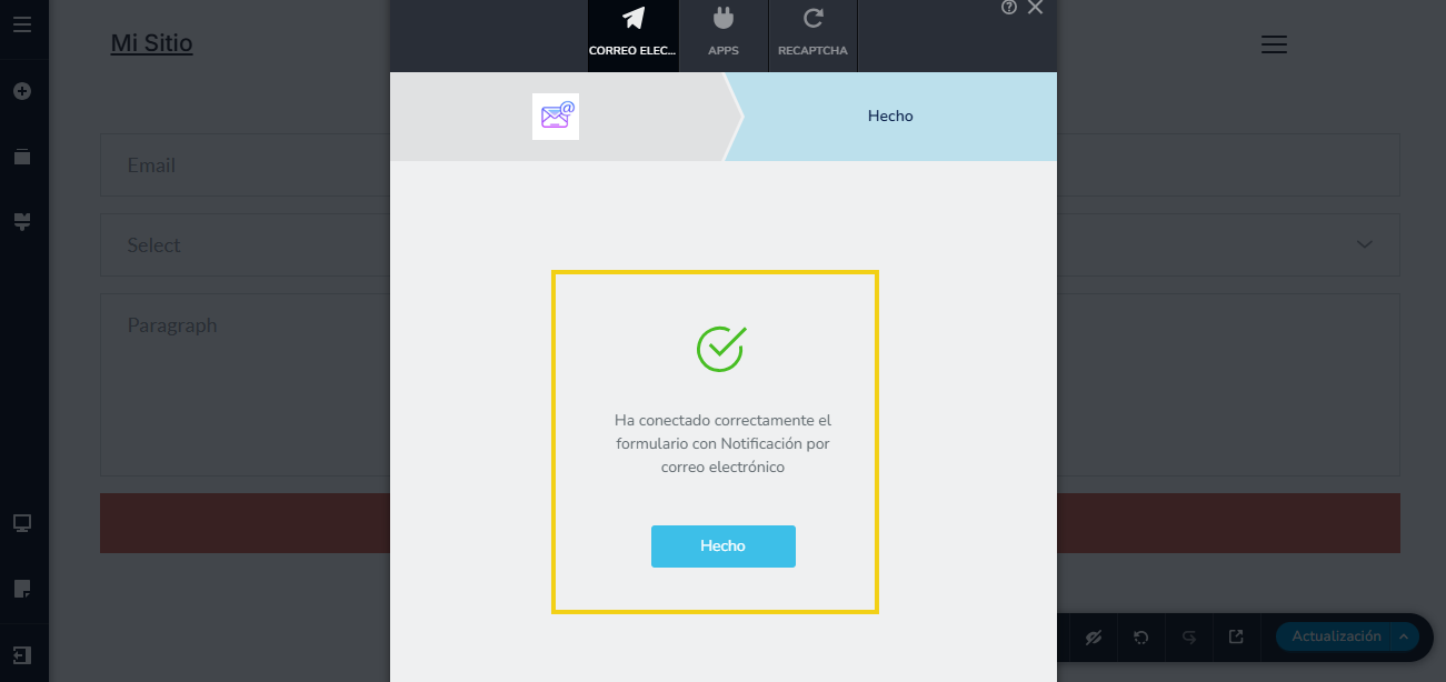 Imagen muestra la pantalla del editor del Creador de Sitios, con marcación en la pantalla que presenta el botón de "Hecho"