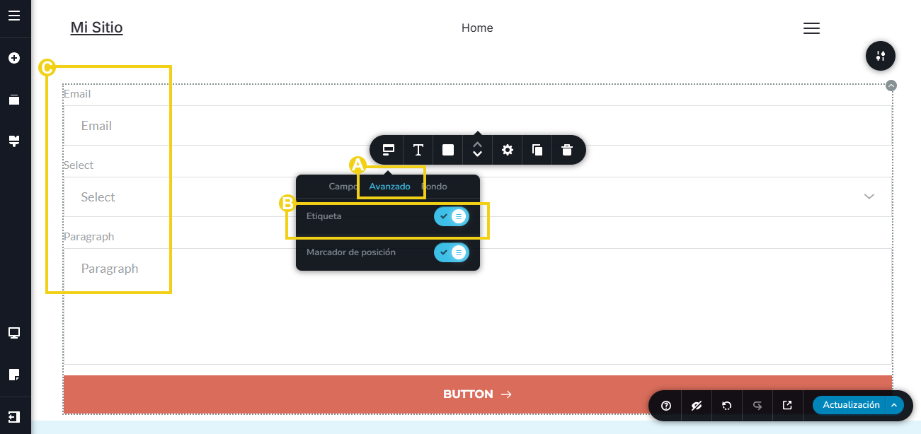 Imagen muestra la pantalla del editor del Creador de Sitios, con marcación en la pestaña "Avanzado", disponible en la barra de herramientas para que pueda activar la opción etiqueta, que permite abrir los campos en el formulario para agregar los títulos