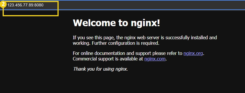 Pantalla de bienvenida del servidor nginx mostrando la dirección IP 123.456.77.89 en la barra superior y mensaje de configuración exitosa.