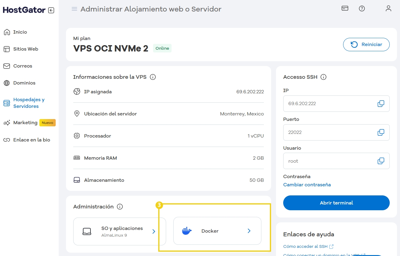 Configuración de VPS para gestión de hospedaje o servidor en la nube en el panel de control con detalles de la sesión y opciones de administración