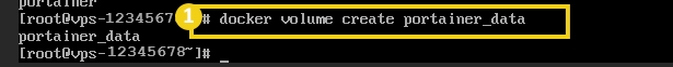 Captura de pantalla del comando Docker para crear un volumen llamado portainer_data en el terminal Linux, facilitando el almacenamiento de datos del Portainer