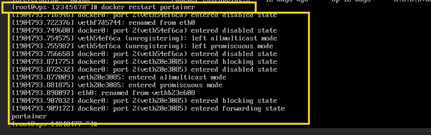 Imagen de terminal de comando exhibiendo la ejecución del comando 'docker restart portainer', relacionado a la administración de contenedores Docker.