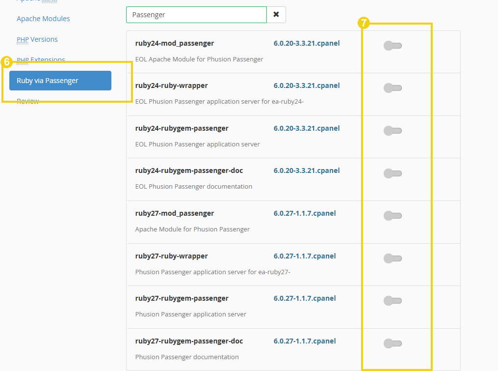  Imagen que muestra opciones de módulos y configuraciones de Apache para Passenger, incluyendo versiones y habilitaciones, enfocada en la optimización para Passenger de Ruby.