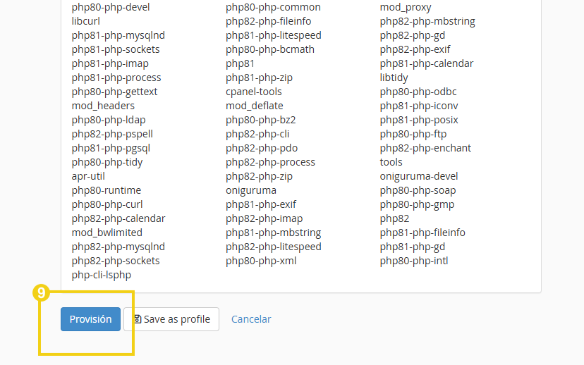 Imagen de una pantalla de registro de plugins en una interfaz de panel de control, destacando el botón de aprovisionamiento azul.