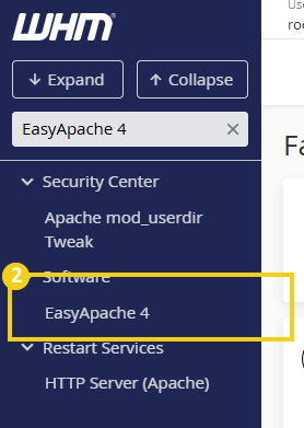  Imagen que muestra el panel de administración de WHM con destaque en la instalación de EasyApache 4 en el servidor, importante para configuraciones de servidores web Apache.