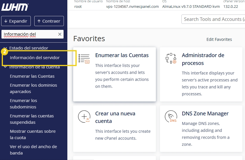 Pantalla de gestión del servidor WHM con opciones para visualizar estadísticas, cuentas, crear nuevas cuentas y gestionar DNS.