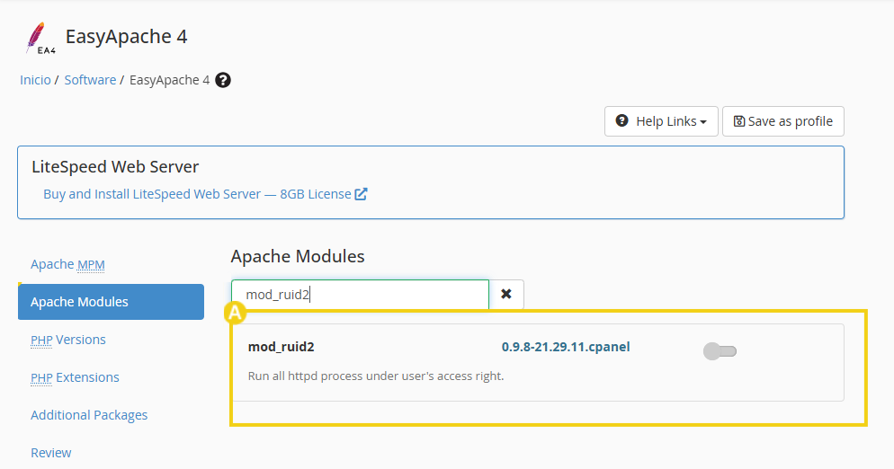 imagen mostra tela de gerenciamento do easyapache4 destacando módulo mod_ruid2