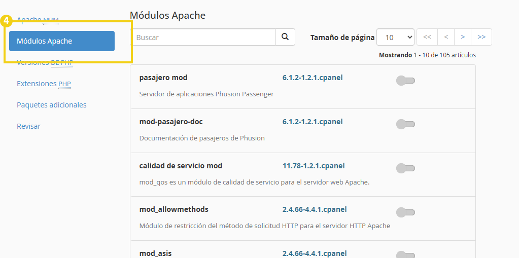 imagen que muestra la interfaz de módulos de Apache, incluyendo opciones como Passenger, documentación, calidad de servicio, métodos de permisos y configuraciones del servidor, ideal para quienes buscan información sobre módulos de Apache y su configuración. 
