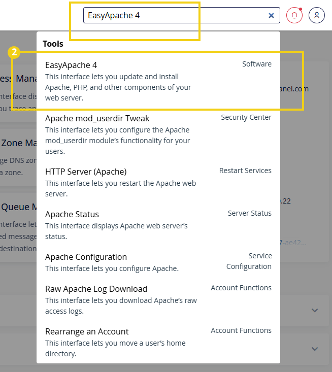 Imagen de una pantalla de configuración de EasyApache 4 en cPanel, que muestra opciones para actualizar, instalar y configurar componentes del servidor web Apache.