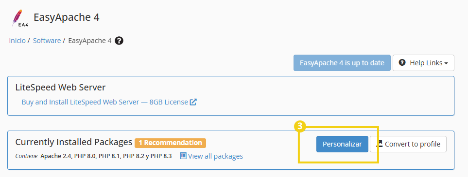 Imagen ilustrativa de la instalación de EasyApache 4 en un panel de administración de servidor web, destacando el proceso de personalización.