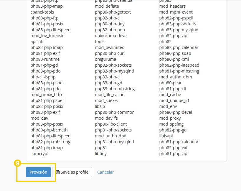 Imagen que muestra una pantalla de selección de opciones, enfocada en el botón “Provisión” resaltado en azul en la parte inferior. La interfaz contiene diversas opciones de configuración y comandos técnicos, probablemente relacionada con un entorno de desarrollo o administración de sistemas.
