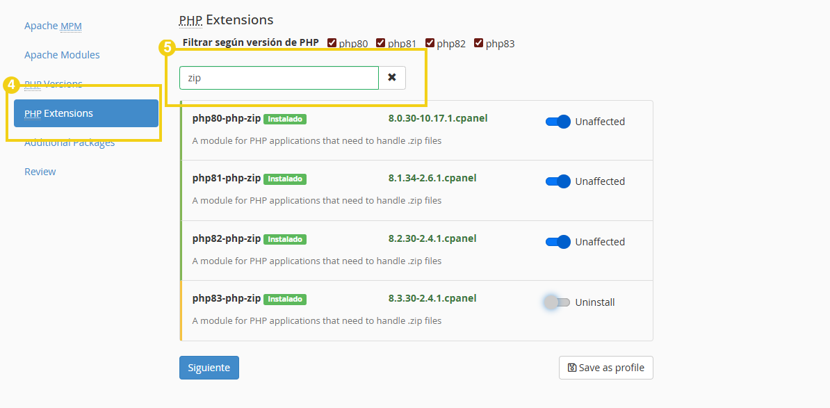 Imagen de la pantalla de instalación de extensiones PHP en cPanel, destacando la búsqueda de “zip” en la pestaña PHP Extensions, con opciones de versiones de PHP como php80, php81, php82, php83 y botones para instalar o desinstalar las extensiones.
