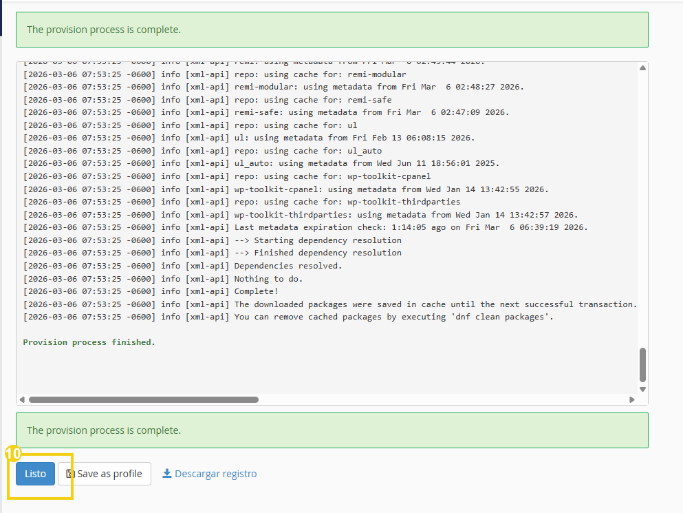 Imagen de una pantalla de computadora mostrando el log de finalización del proceso de provisión, con destaque para el mensaje “Provision process is complete”