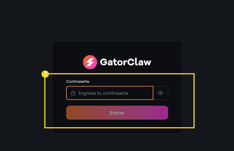 Pantalla de inicio de sesión del sitio GatorClaw, con espacio para insertar contraseña y botón de entrar, con fondo oscuro y destaque en colores vibrantes.