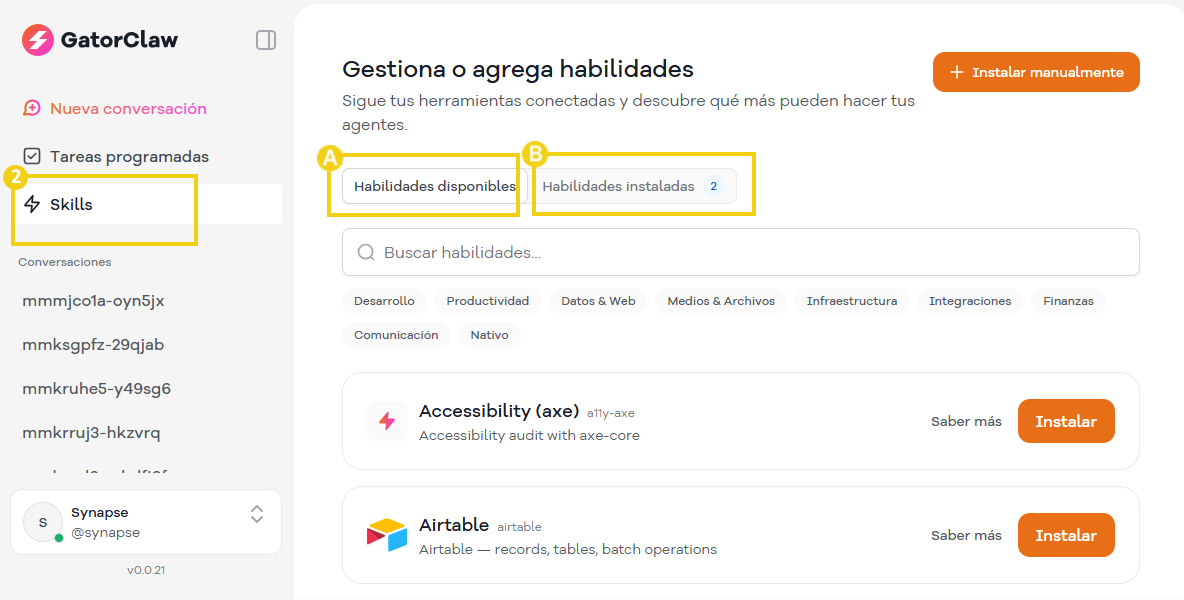 Imagen de una plataforma de gestión de habilidades, que muestra opciones de habilidades disponibles e instaladas, con destaque en los botones de instalación de plugins.