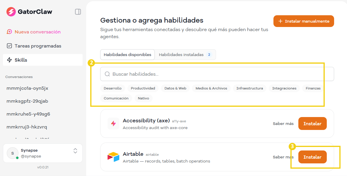 Imagen de una plataforma de gestión de habilidades, mostrando opciones de habilidades disponibles e instaladas, con destaque para los botones de instalación de plugins.