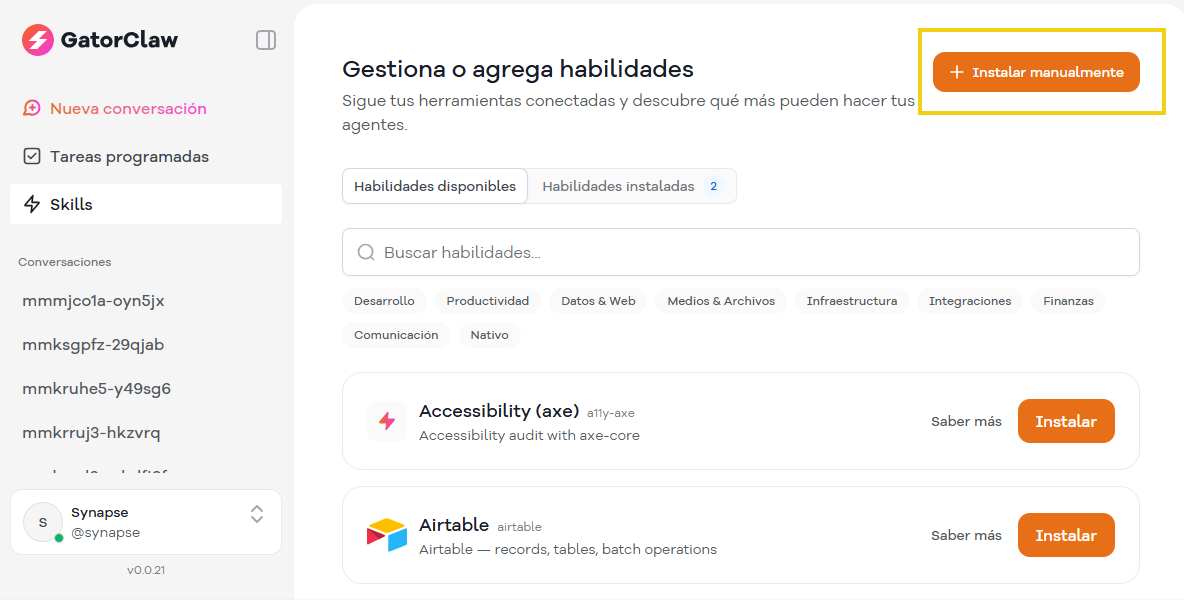 Imagen de una plataforma de gestión de habilidades, mostrando opciones de habilidades disponibles e instaladas, con destaque para los botones de instalación de plugins.