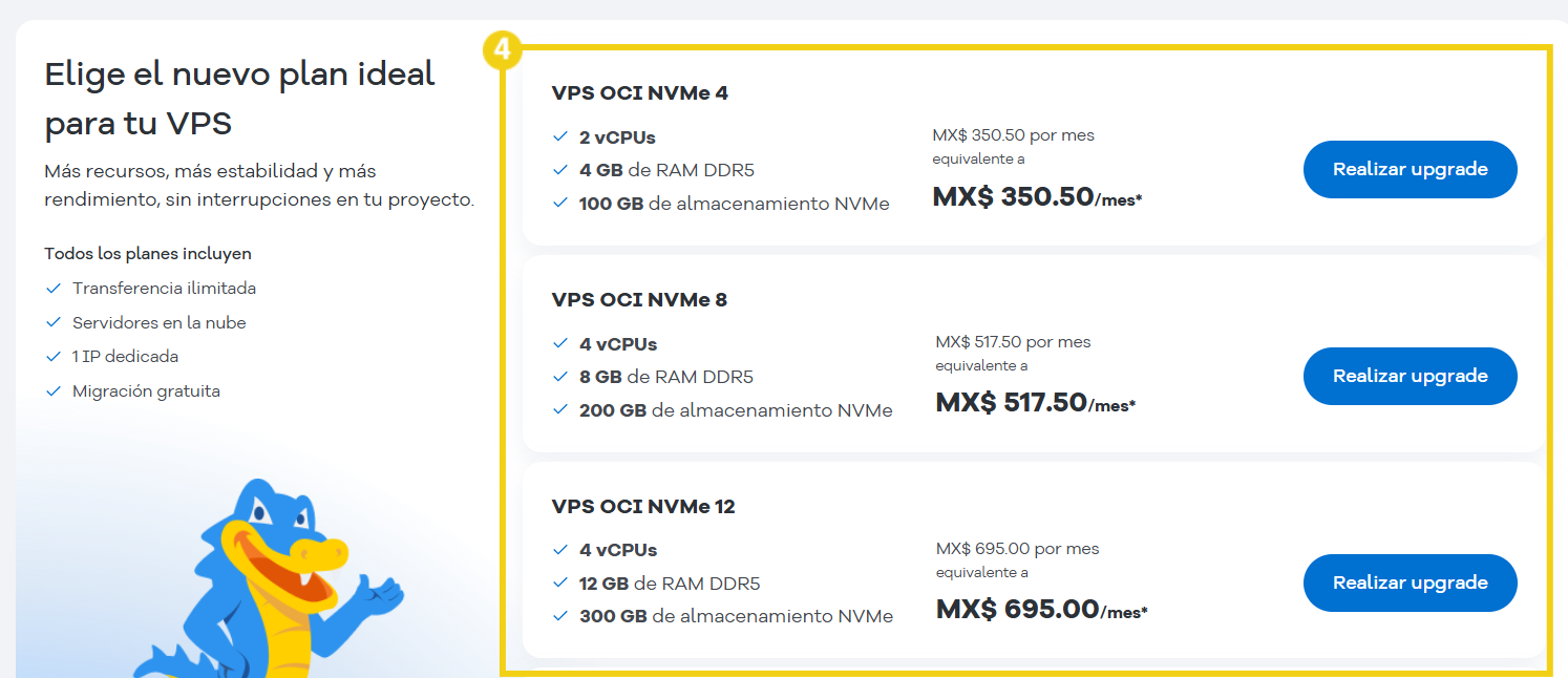 Imagen muestra la pantalla con la lista de planes para que elijas el ideal para tu proyecto y luego debes hacer clic en el botón "Hacer upgrade"