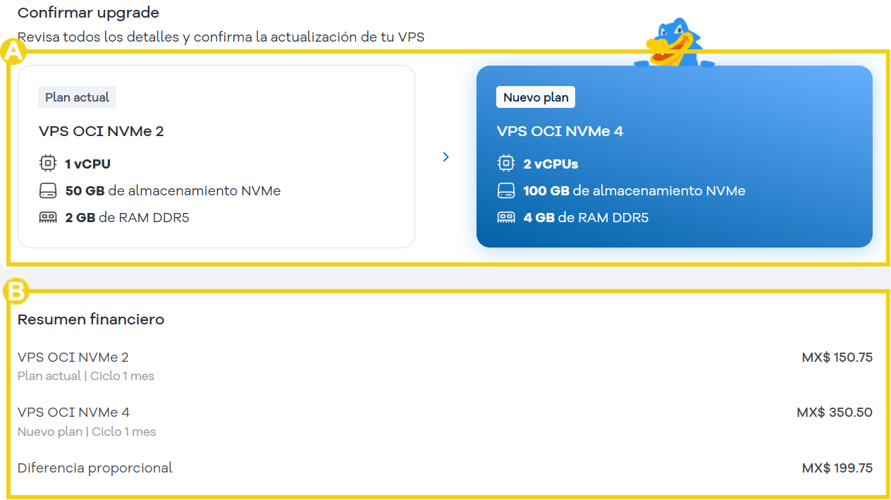 Imagen muestra los detalles sobre la actualización, con información de recursos del plan actual, del nuevo y el resumen financiero