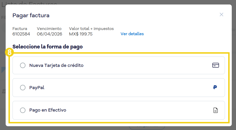 La imagen muestra la pantalla de pago de la factura