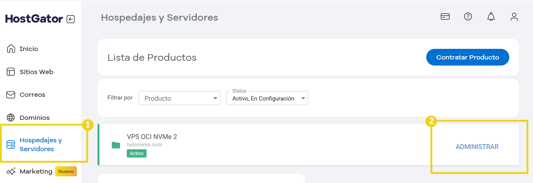 imagen del panel financiero de HostGator, listando los servidores contratados, con destaque en el botón administrar