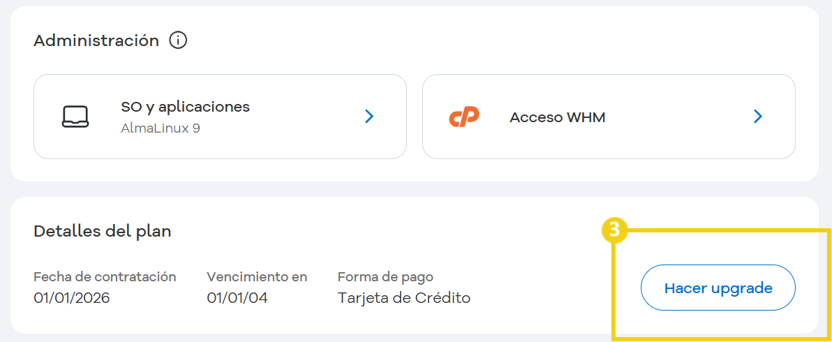 Imagen muestra la pantalla de administración del plan VPS y en la sección "Detalles del plan", el botón "Hacer upgrade", que debe ser clicado para acceder a esta área