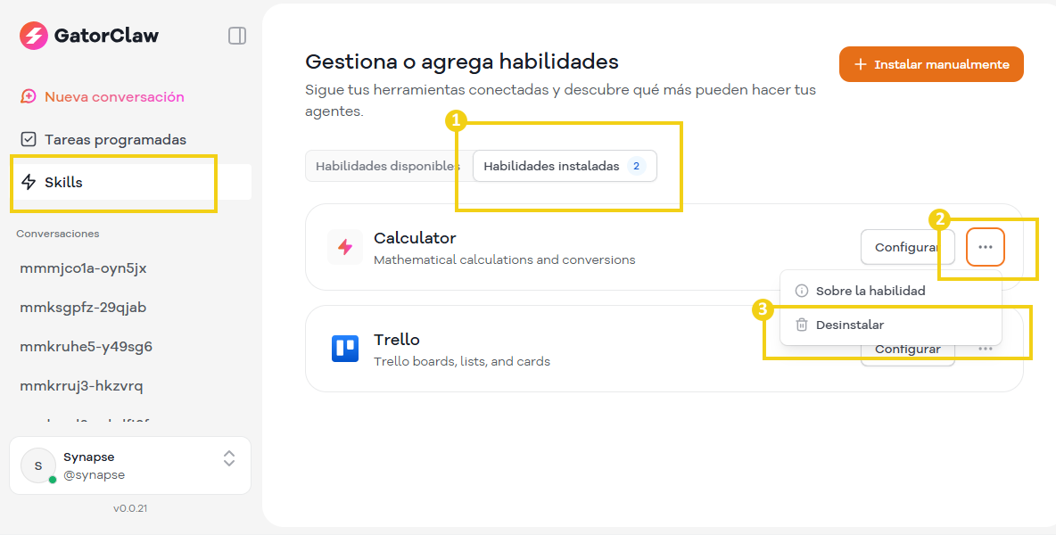 Imagen ilustrativa de la interfaz de la herramienta GatorClaw mostrando gestión de habilidades, instalación y configuración de aplicaciones como Calculadora y Trello para optimización de tareas.
