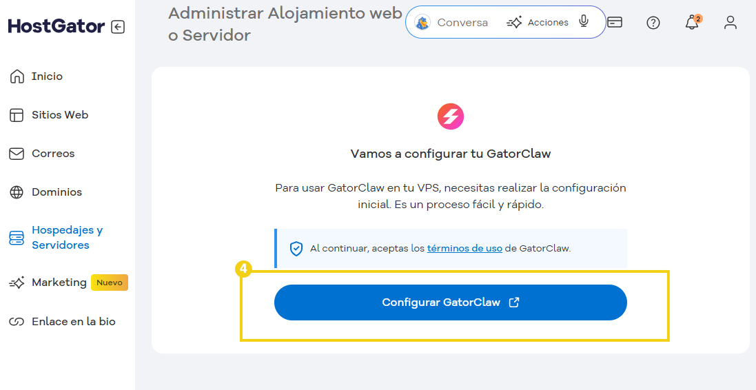 Pantalla de configuración del método HostGator para gestionar hospedaje o servidor utilizando GatorClaw, una herramienta rápida y fácil de usar.