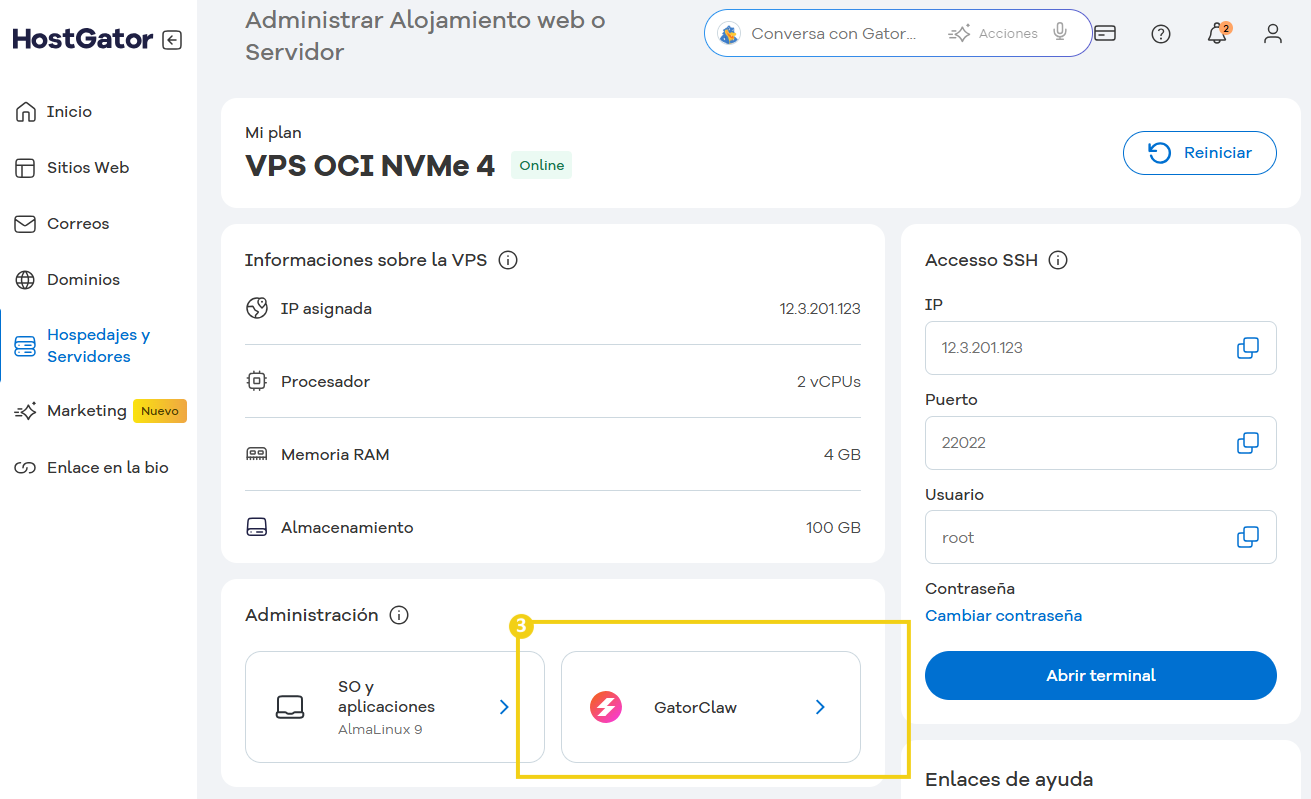 Captura de pantalla del panel de gestión de hospedaje en HostGator, mostrando detalles de la VPS, IP, sistema operativo Ubuntu 22.04, con GatorClaw activado.
