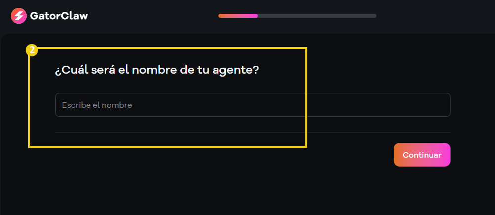 Imagen de una pantalla de registro para un agente, con la pregunta '¿Cuál será el nombre de tu agente?' y el nombre 'Synapse' completado, promoviendo la palabra clave GatorClaw.