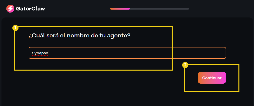 Imagen de una pantalla de registro para un agente, con la pregunta '¿Cuál será el nombre de tu agente?' y el nombre 'Synapse' completado, promoviendo la palabra clave GatorClaw.