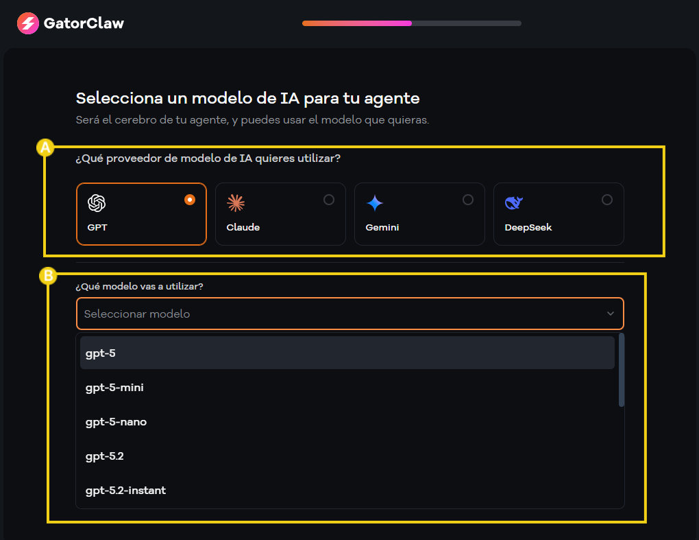 Imagen ilustrativa relacionada con GatorClaw, mostrando opciones de modelos de IA como GPT, Claude, Gemini y DeepSeek, utilizada para la selección de modelos de IA.