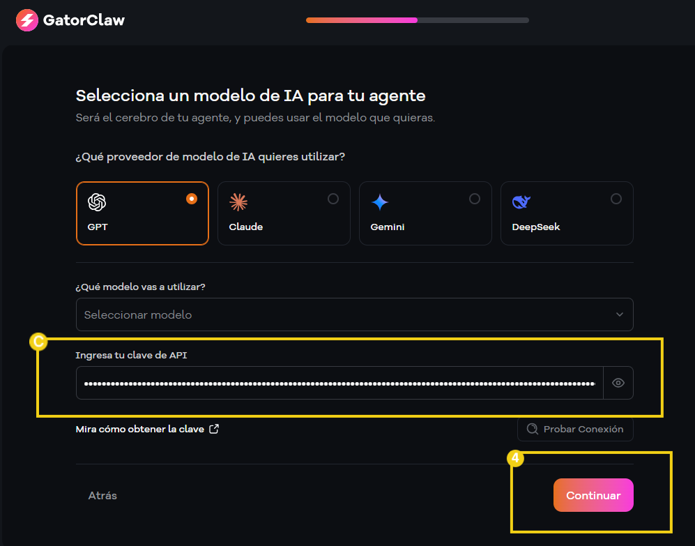 Imagen de un sistema de configuración de modelo de inteligencia artificial mostrando opciones para seleccionar el proveedor, insertar clave de API y hacer clic en continuar.