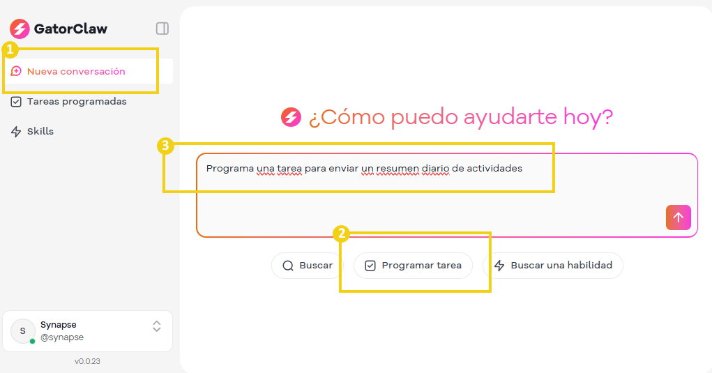 Pantalla de un asistente virtual mostrando la opción de programar tareas con destaque en la interfaz de GatorClaw, incluyendo el botón de programar tarea.