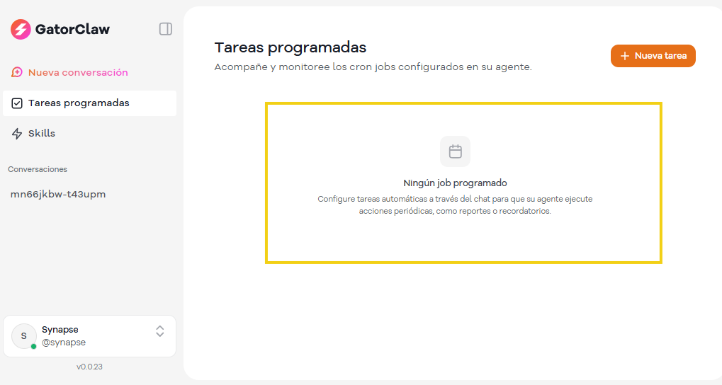 Pantalla de la plataforma GatorClaw mostrando la sección de tareas programadas, donde no hay tareas programadas en este momento. Interfaz limpia e intuitiva para la gestión de acciones.