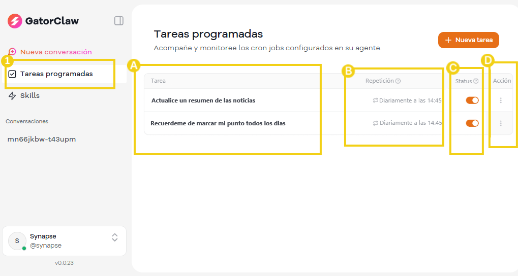 Imagen de una pantalla de gestión de tareas en GatorClaw, mostrando lista de tareas, horarios de recordatorios y opciones de acciones.