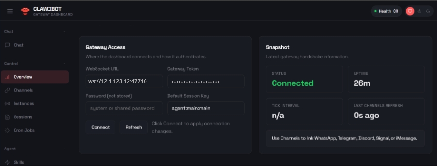 Imagen mostrando una interfaz de dashboard de conexión con detalles como Gateway Access, Status, Tiempo de Conexión y canales utilizados, evidenciando control y monitoreo de accesos.