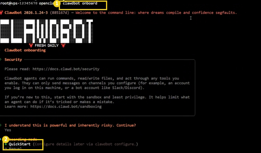 Imagen de una interfaz de comando del ClawBot on board, destacando instrucciones de inicialización y configuraciones de seguridad. Ideal para quienes buscan información sobre robotización e inteligencia artificial.