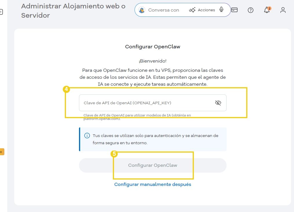 Configuración del OpenClaw en la UI de VPN, con instrucciones para insertar la clave de API OpenAI para activar modelos de inteligencia artificial.