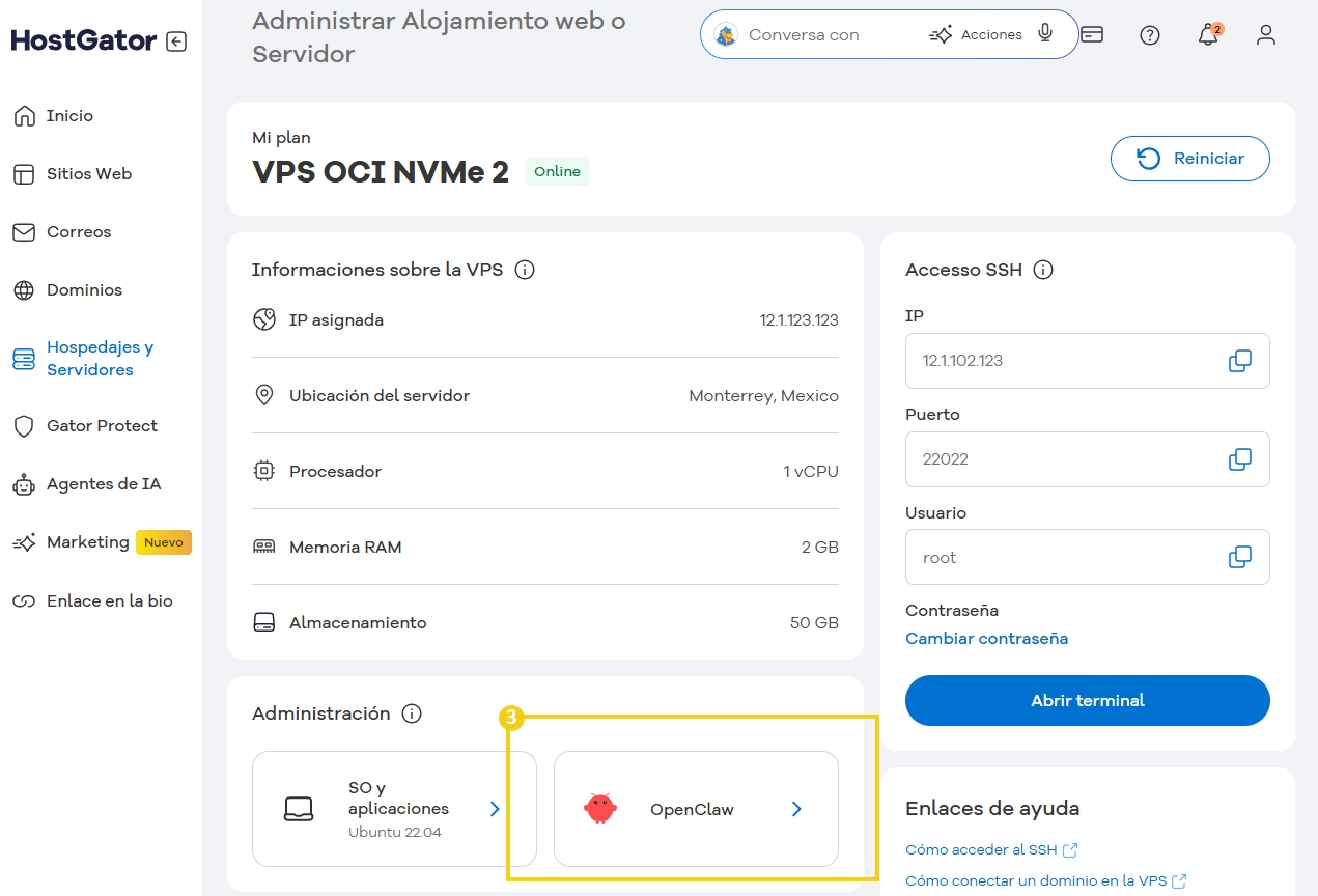Captura de pantalla del panel de gestión de hospedaje en HostGator, mostrando detalles de la VPS, IP, sistema operativo Ubuntu 22.04, con OpenClaw activado.