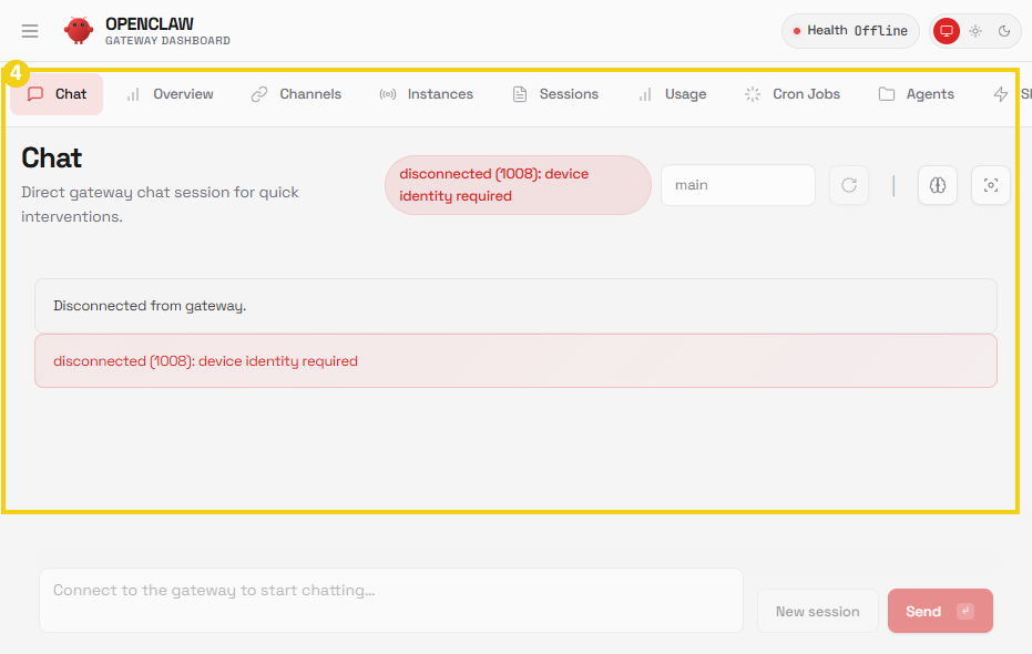 Imagen de la interfaz de un panel de control de gateway de chat con mensajes de error de desconexión, mostrando notificaciones de dispositivos sin conexión.