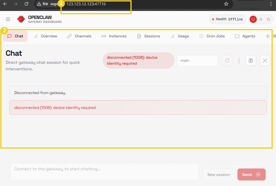 Imagen de la interfaz de un panel de control de gateway de chat con mensajes de error de desconexión, mostrando notificaciones de dispositivos sin conexión.