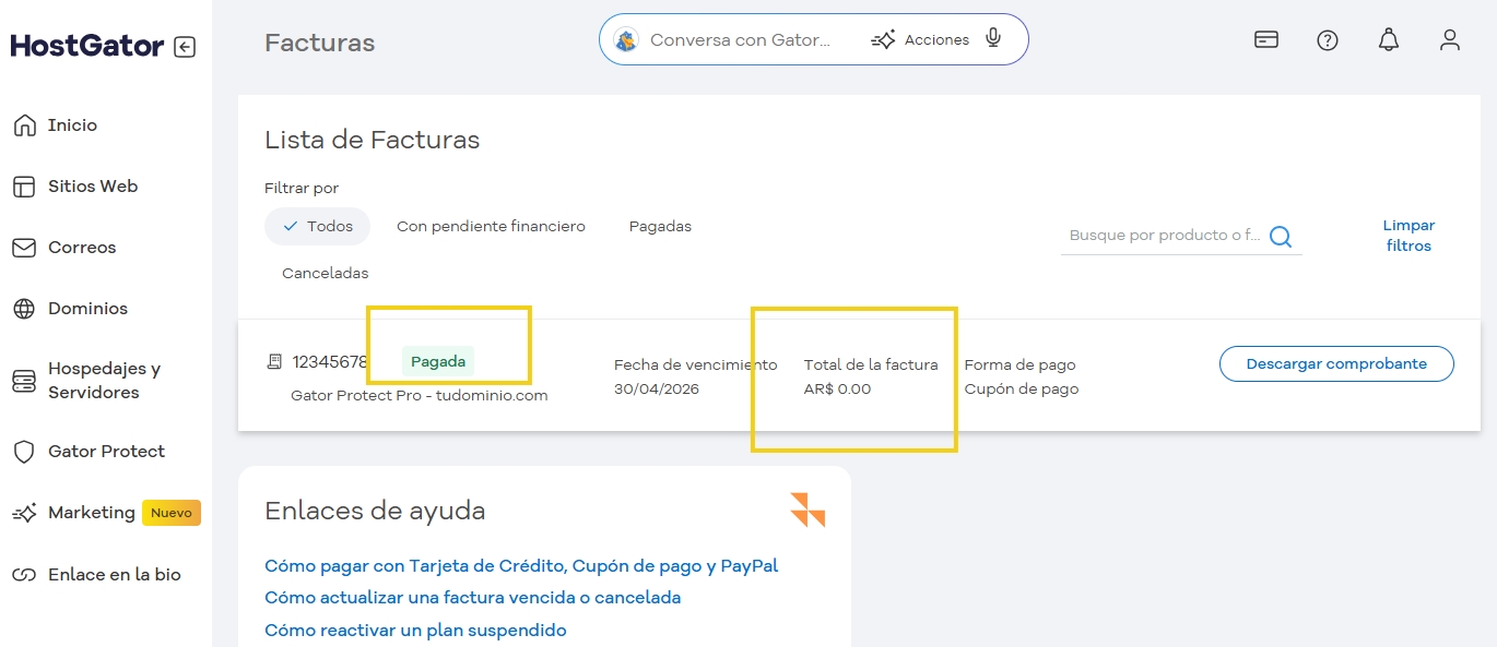 Imagen de una pantalla de sistema de facturación online en HostGator, mostrando detalles de una factura sin valor, con opciones para descargar comprobante y ver factura.