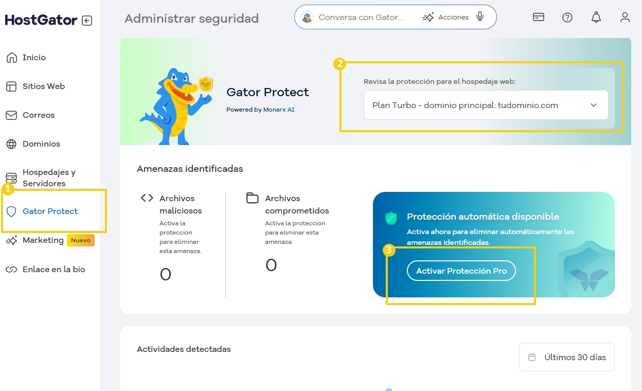 Pantalla de gestión de seguridad de HostGator, destacando la opción Gator Protect para protección automática de amenazas en el alojamiento de sitios.